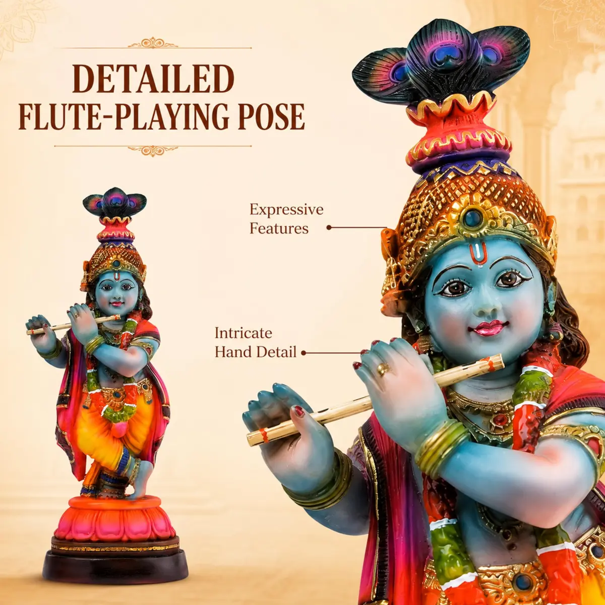 Newven Baby Krishna Idol Small Flute Statue for Home Decor, Mandir & Pooja | Colourful Devotional Murti in Traditional Attire - view 3