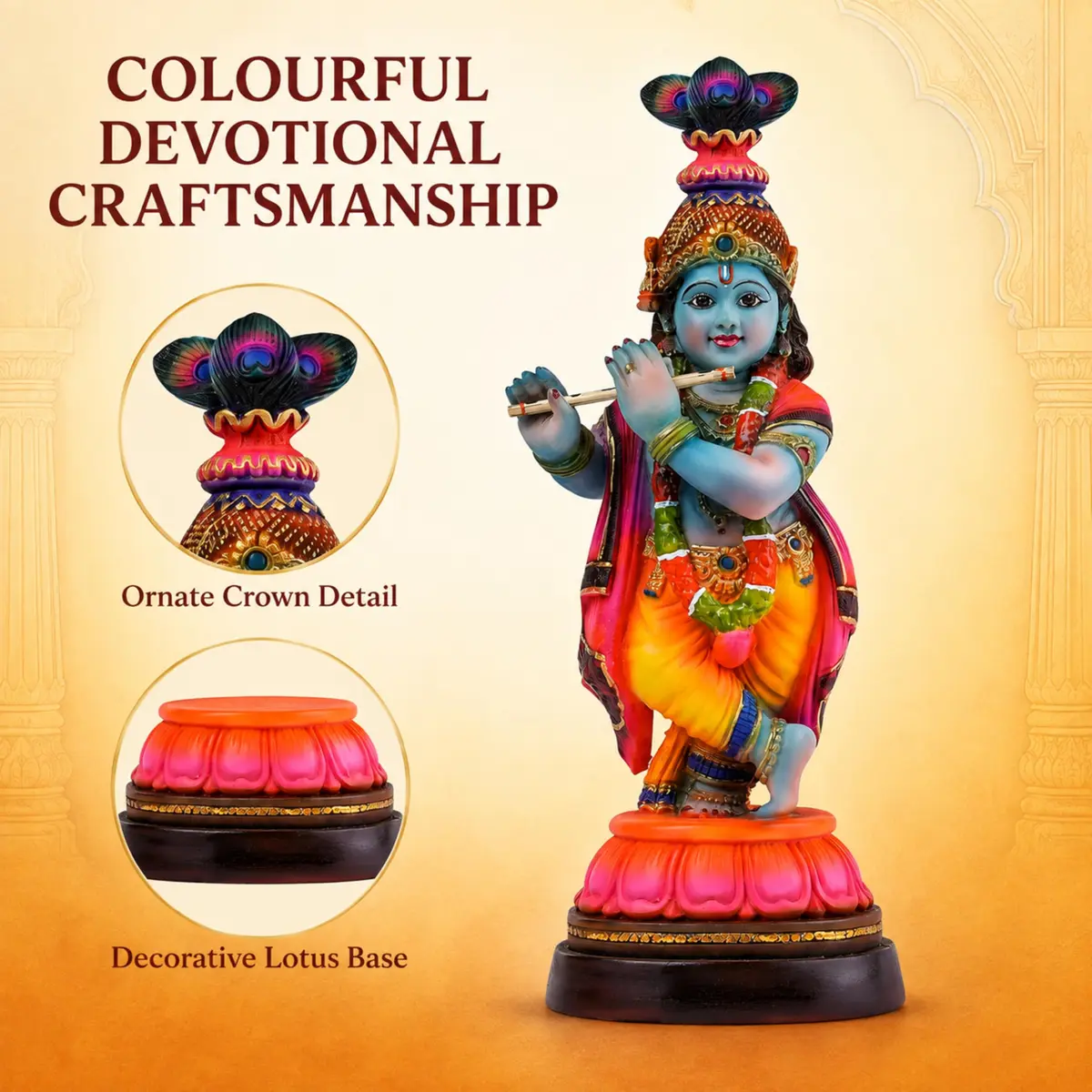 Newven Baby Krishna Idol Small Flute Statue for Home Decor, Mandir & Pooja | Colourful Devotional Murti in Traditional Attire - view 4