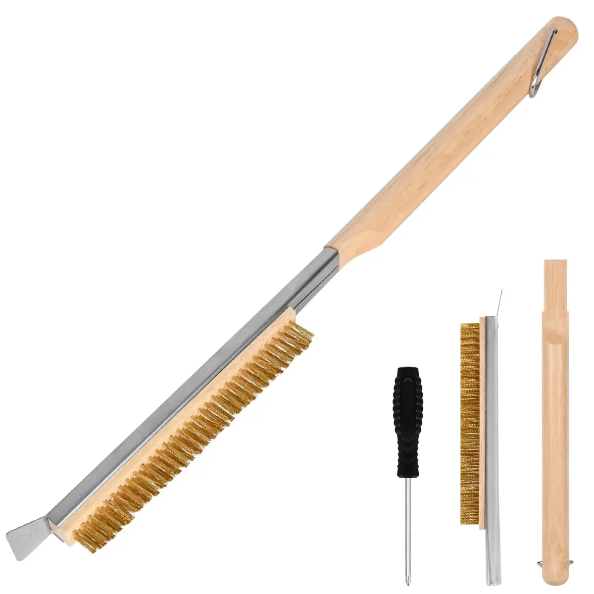 Aolso Pizza Oven Brush 21" with Stainless Steel Scraper & Brass Bristles | Heat-Proof Wood Handle - main product image