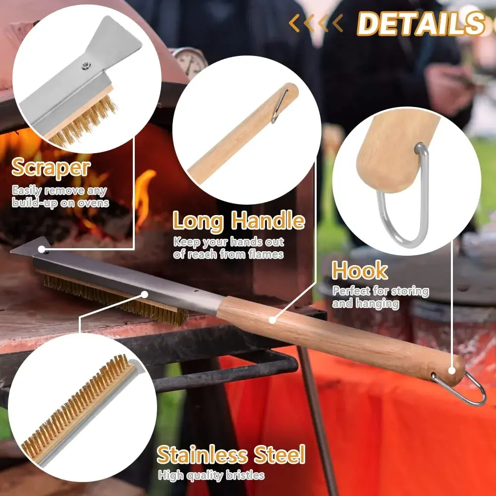 Aolso Pizza Oven Brush 21" with Stainless Steel Scraper & Brass Bristles | Heat-Proof Wood Handle - view 3