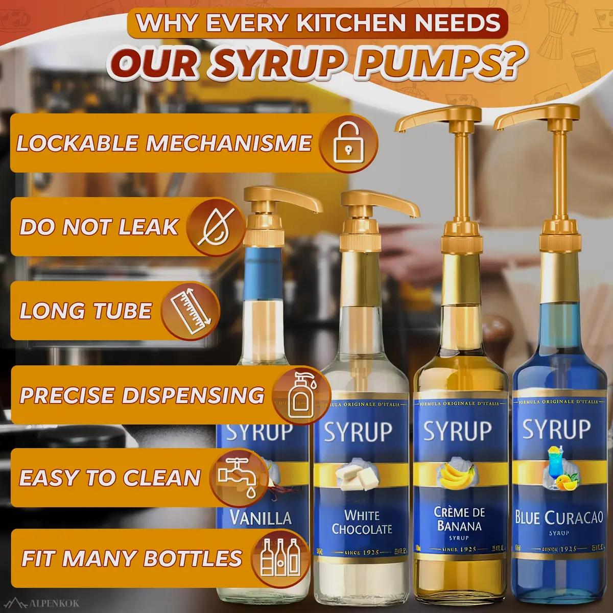 ALPENKOK 16 Pcs Coffee Syrup Pump, Compatible with Skinny, Torani, Davinci | Precise 0.3 oz Dispense, Gold Finish - view 5