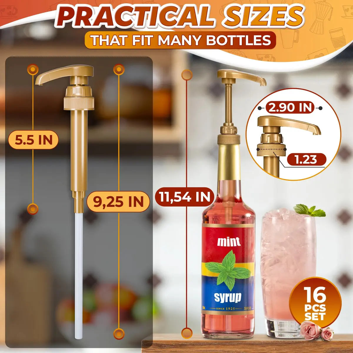 ALPENKOK 16 Pcs Coffee Syrup Pump, Compatible with Skinny, Torani, Davinci | Precise 0.3 oz Dispense, Gold Finish - view 2