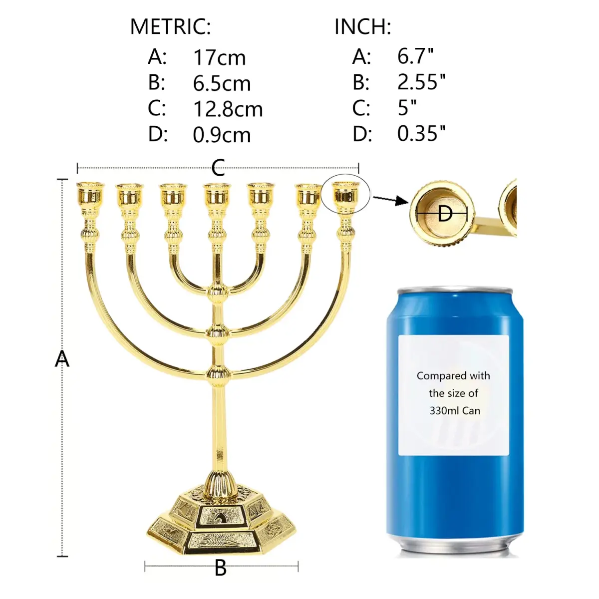 BRTAGG Menorah 7 Branches Gold Candle Holder 17cm (6.7 Inches) | Jerusalem Temple Design - view 2
