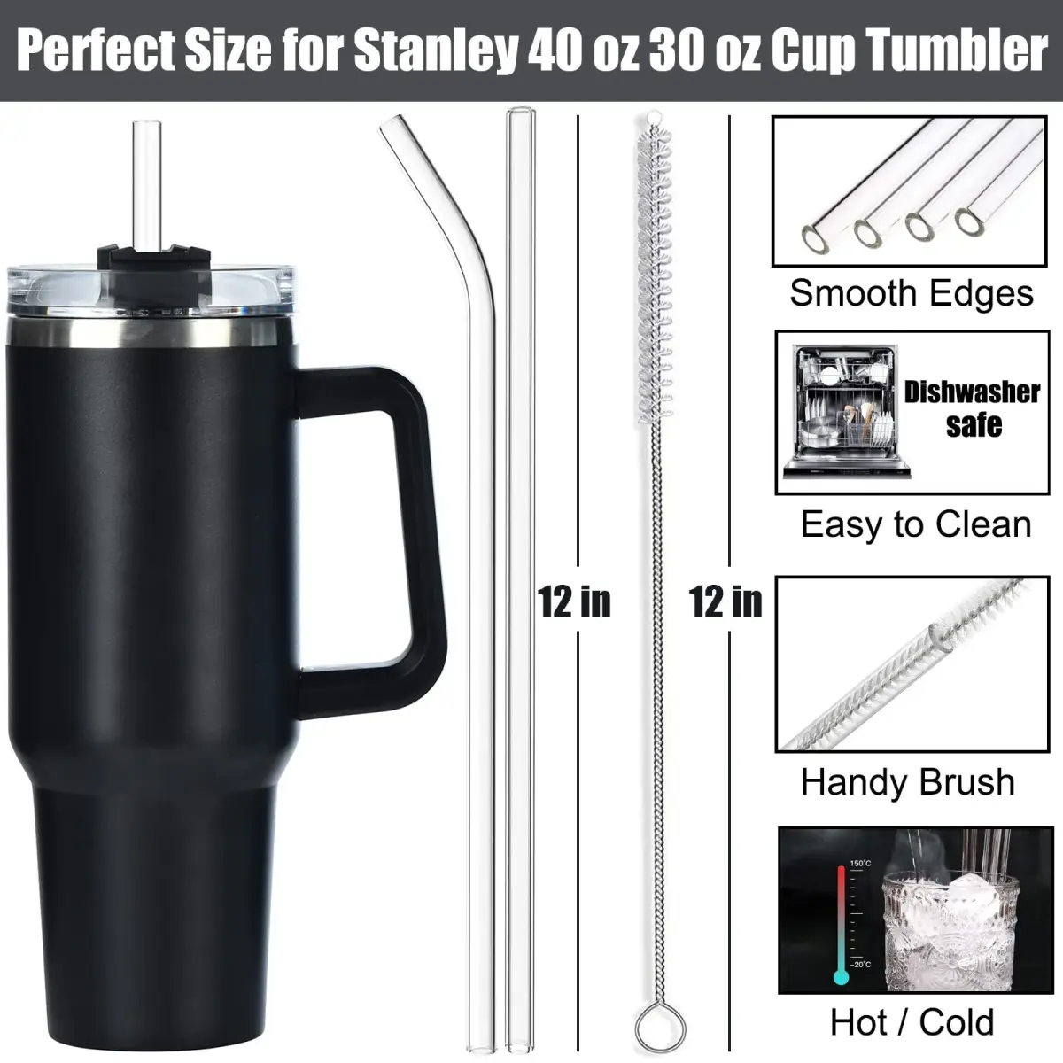 ALINK Replacement Glass Straws 8 Pack | 30.48cm (12 in) Bent & Straight for Stanley Tumblers | BPA-Free Borosilicate Glass - view 2