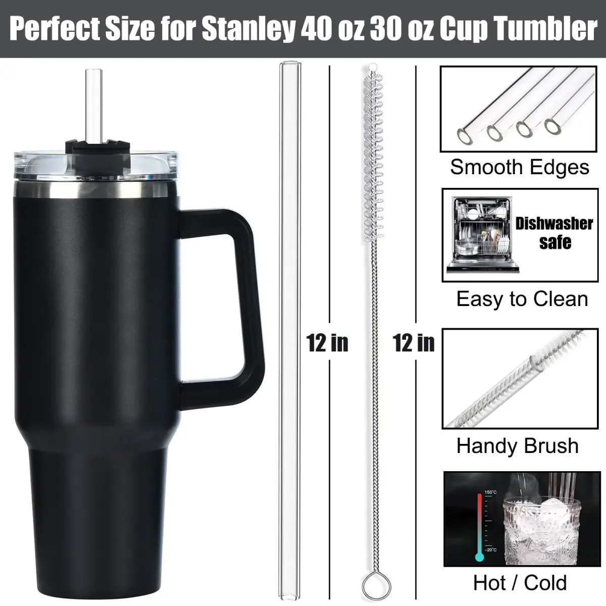 ALINK Clear 8 Pack Glass Straws for Stanley Tumblers | 30cm (12 in) Reusable Borosilicate Glass Straws with 2 Brushes - view 2