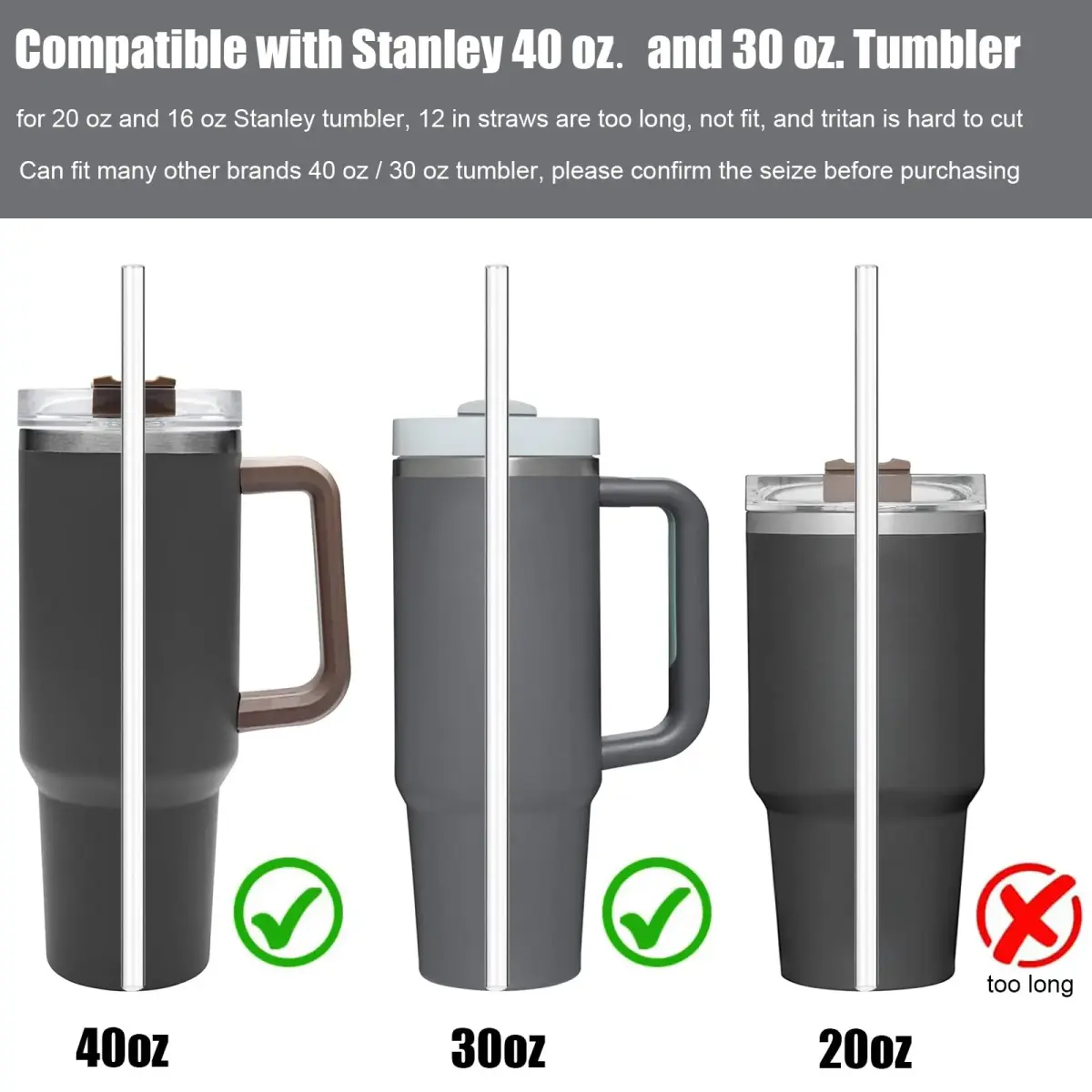 ALINK Clear 8 Pack Glass Straws for Stanley Tumblers | 30cm (12 in) Reusable Borosilicate Glass Straws with 2 Brushes - view 3