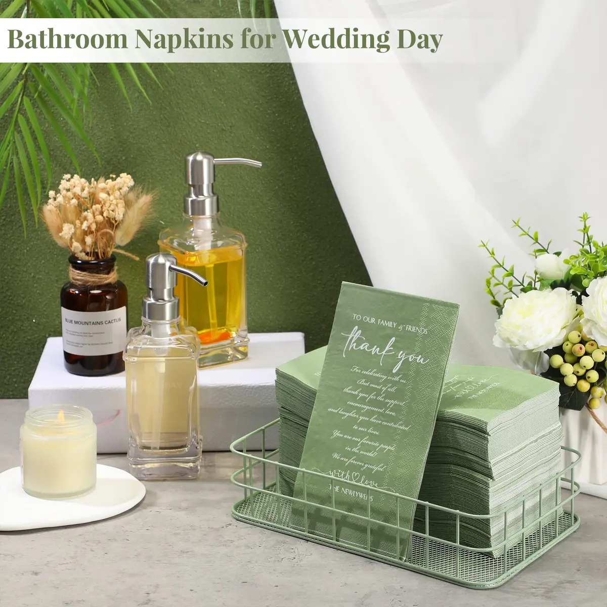 Fumete Disposable Thank You Wedding Napkins 3 Ply | Sage Green Elegant Party Tissues (13 x 15.8 inches) - view 6
