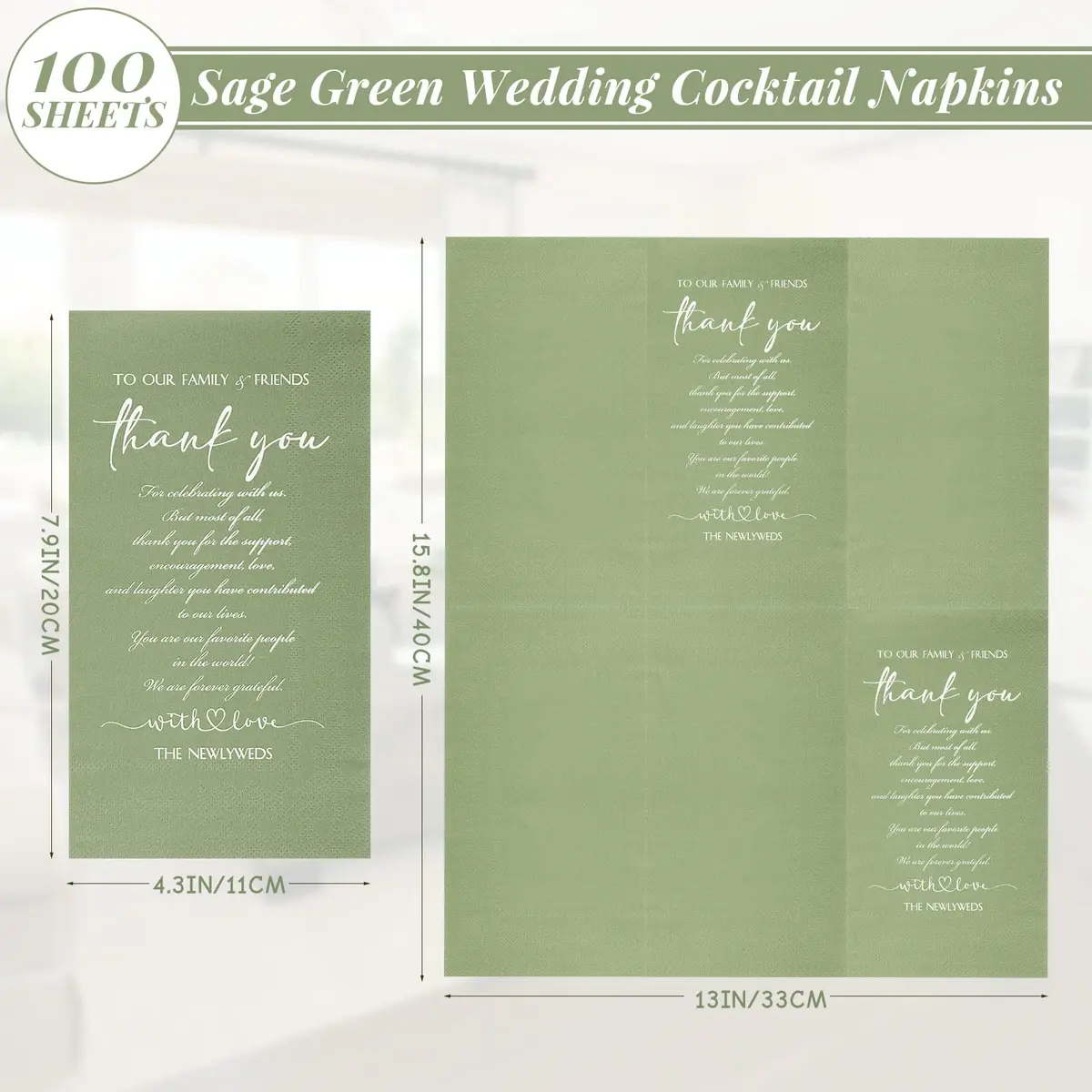 Fumete Disposable Thank You Wedding Napkins 3 Ply | Sage Green Elegant Party Tissues (13 x 15.8 inches) - view 2