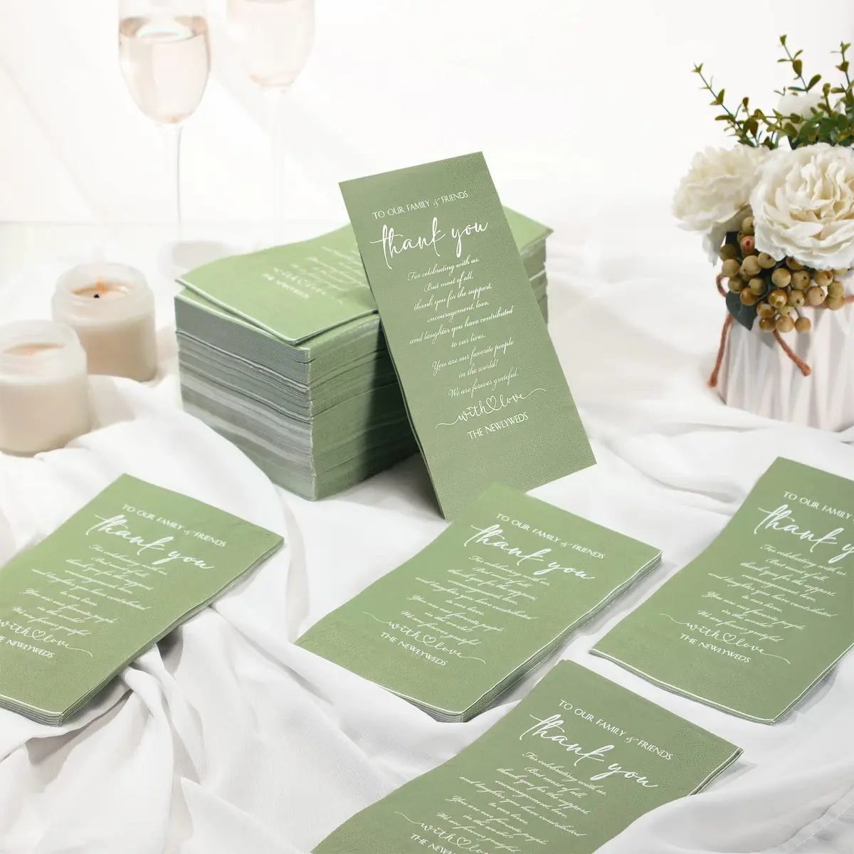 Fumete Disposable Thank You Wedding Napkins 3 Ply | Sage Green Elegant Party Tissues (13 x 15.8 inches) - view 3
