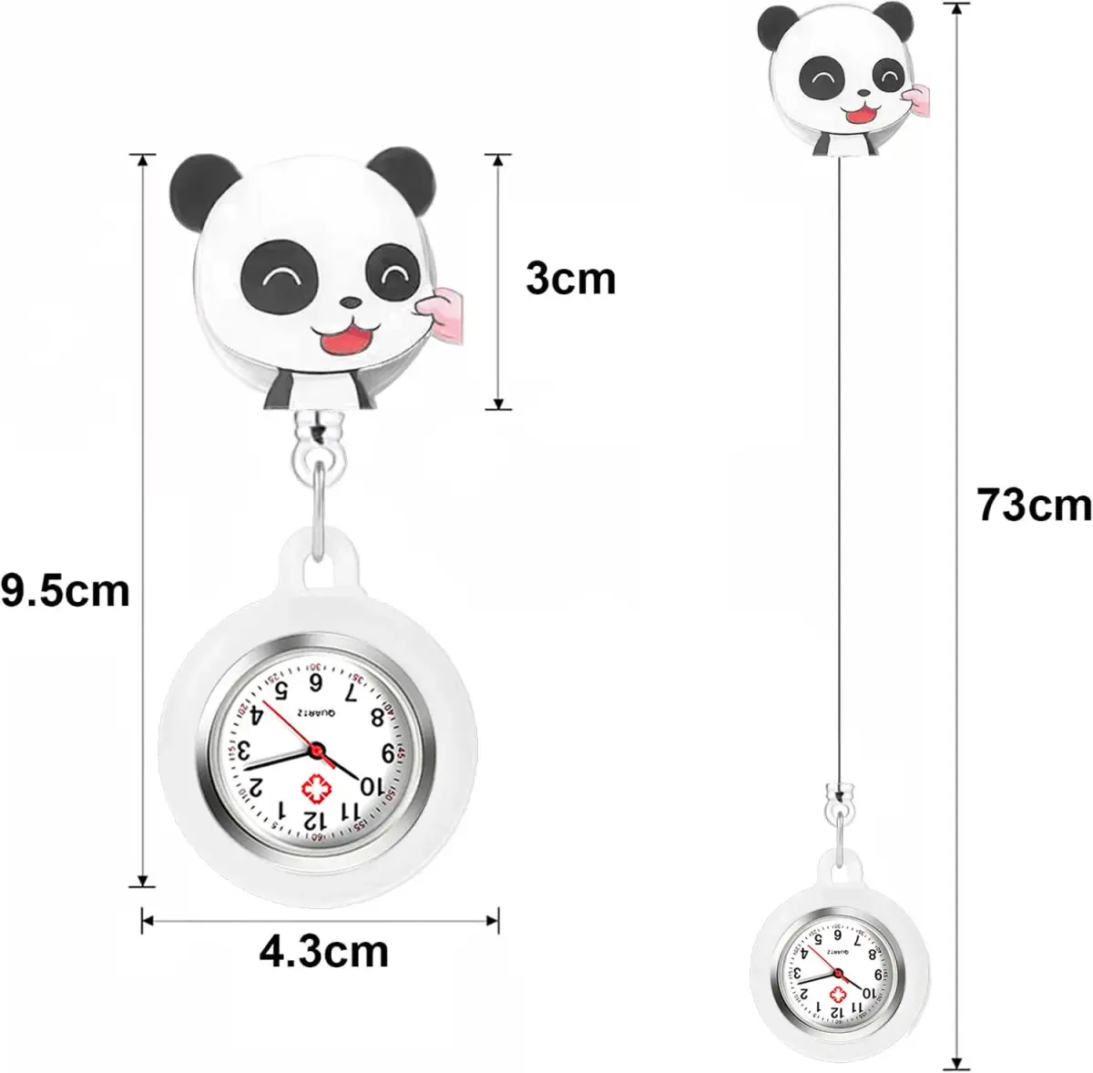 AGEN KGEN Nurse Watch White Panda Clip-On Retractable Fob Watch 4cm (1.57in) | Easy-Read Analog Dial - view 2
