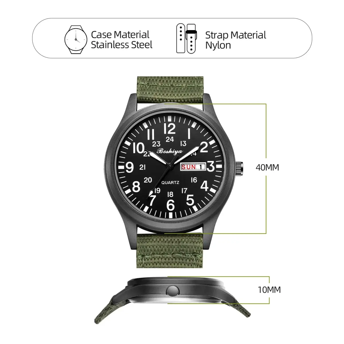 BOSHIYA Men's Military Quartz Watch 40mm (1.57 Inch) | Japanese Movement, Date Display, Waterproof Nylon Strap - view 4