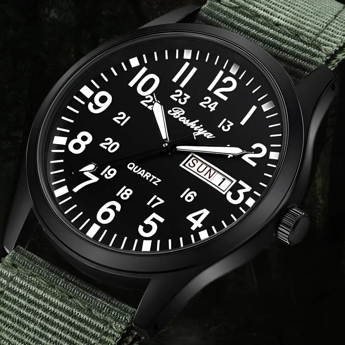 BOSHIYA Men's Military Quartz Watch 40mm (1.57 Inch) | Japanese Movement, Date Display, Waterproof Nylon Strap - view 5