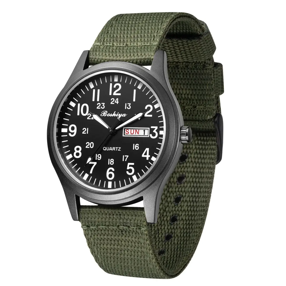 BOSHIYA Men's Military Quartz Watch 40mm (1.57 Inch) | Japanese Movement, Date Display, Waterproof Nylon Strap - main product image