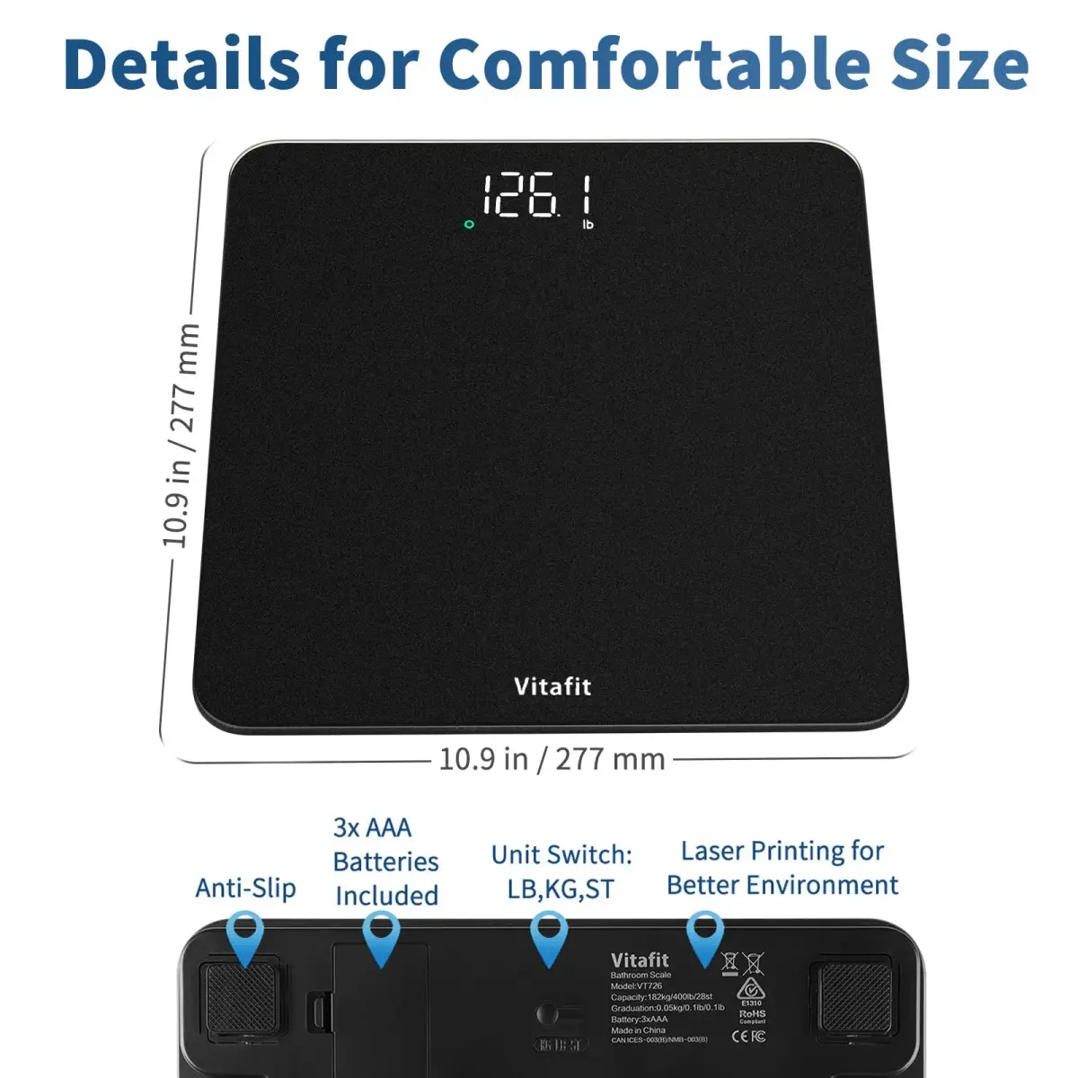 Vitafit Digital Body Weight Scale 182kg (400lb) | High Accuracy 0.1lb, LED Display, Tempered Glass - view 7