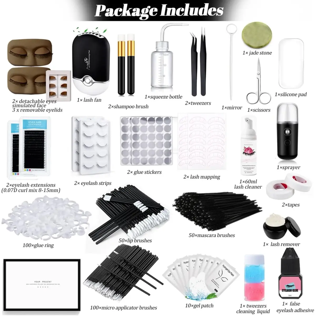QUKLOGEN Lash Extension Kit for Beginners with Practice Face & Fan | 16-Row Lashes (8-15mm) - view 2