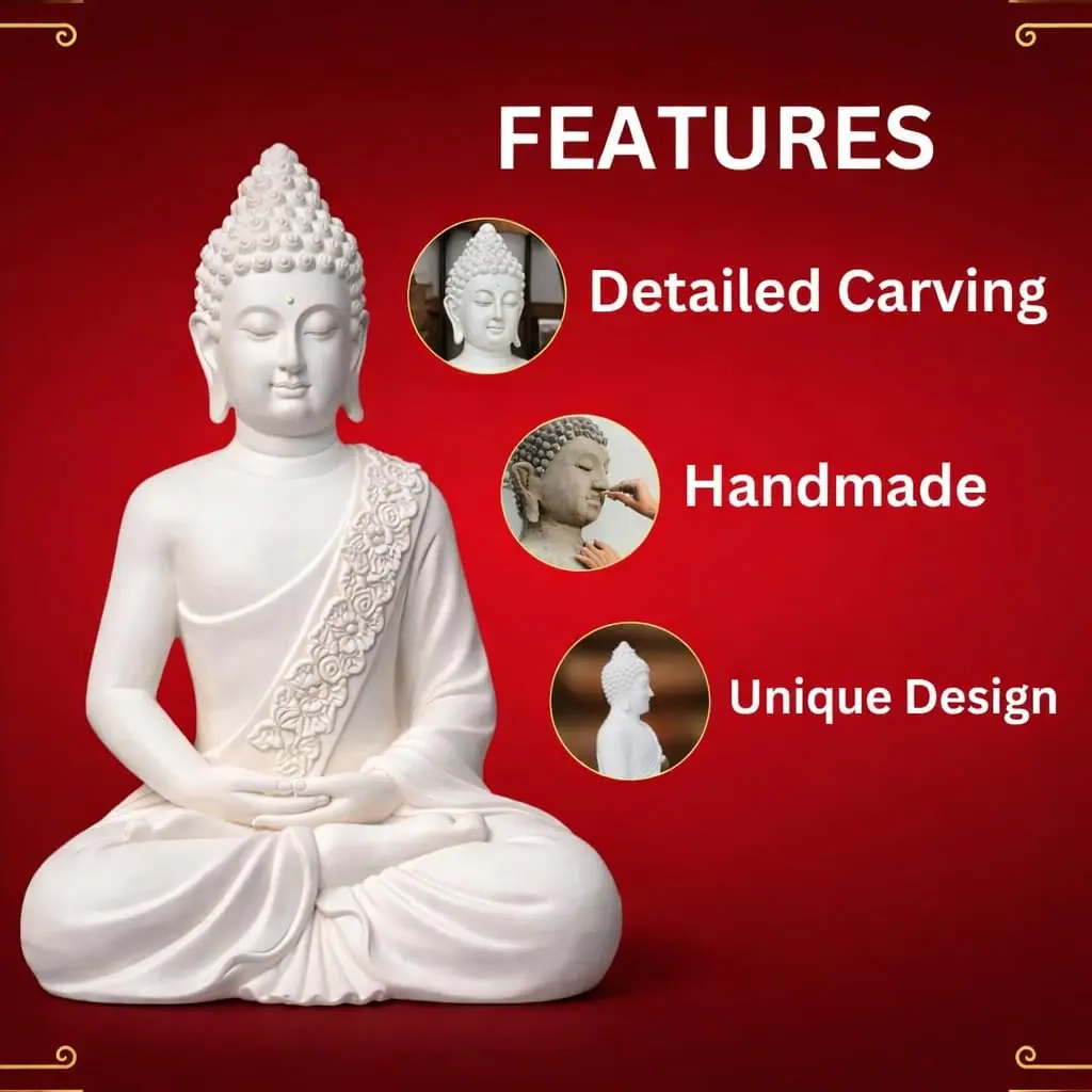 The Advitya Meditating White Buddha Statue Resin 36cm (14.2in) | Serene Home Decor Sculpture for Prayer, Yoga, and Goodluck - view 3