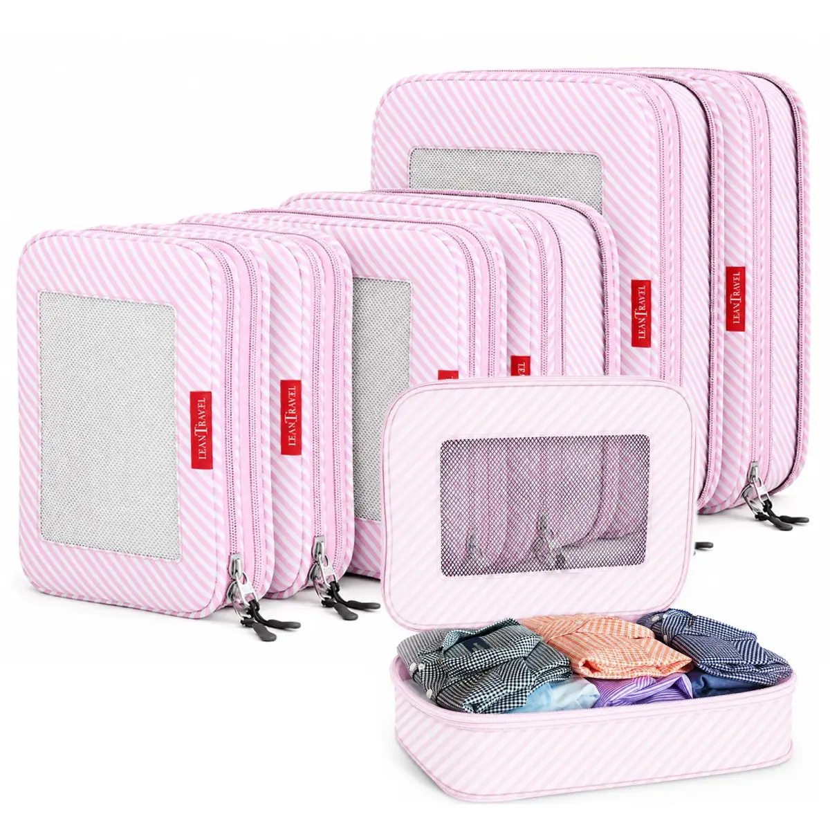 LeanTravel Premium Compression Packing Cubes for Travel - Suitcase Organizer Bags with Double Zipper & Breathable Mesh Panel - Space Saving Carry On Luggage Essentials (6-Pack, Pink Stripes) - main product image