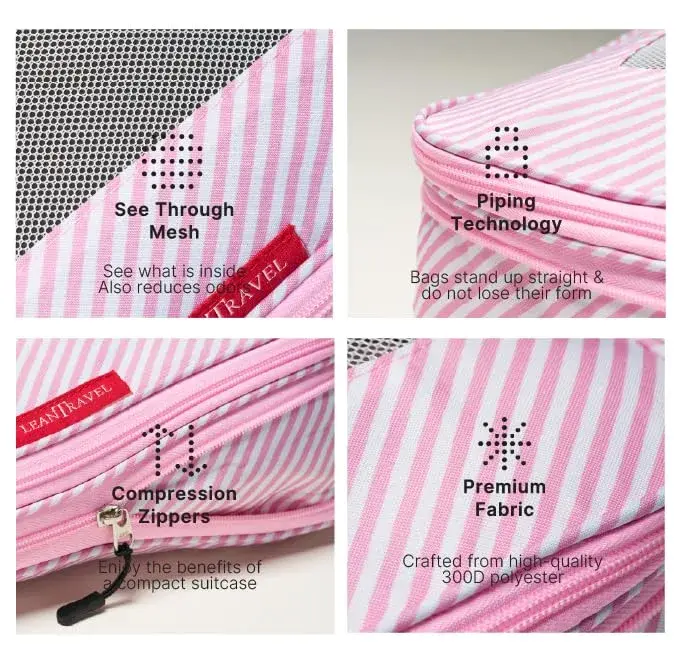 LeanTravel Premium Compression Packing Cubes for Travel - Suitcase Organizer Bags with Double Zipper & Breathable Mesh Panel - Space Saving Carry On Luggage Essentials (6-Pack, Pink Stripes) - view 5