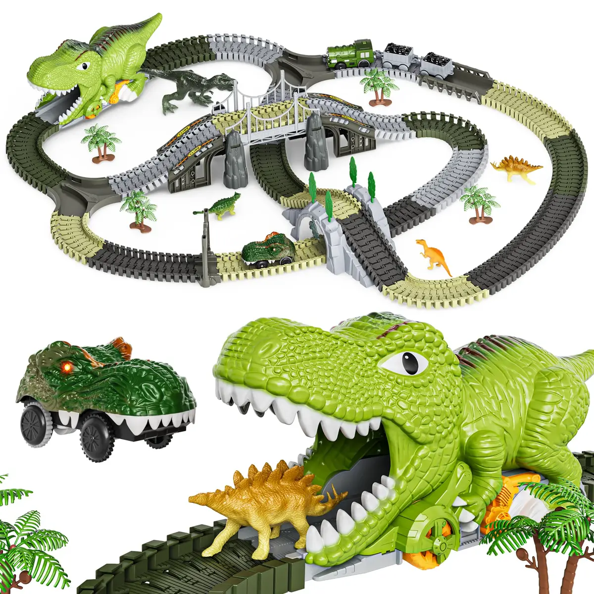 TUMAMA Dinosaur Toys Race Track 281 Pcs | Flexible Track with 4 Dinosaurs & Electric Cars - main product image