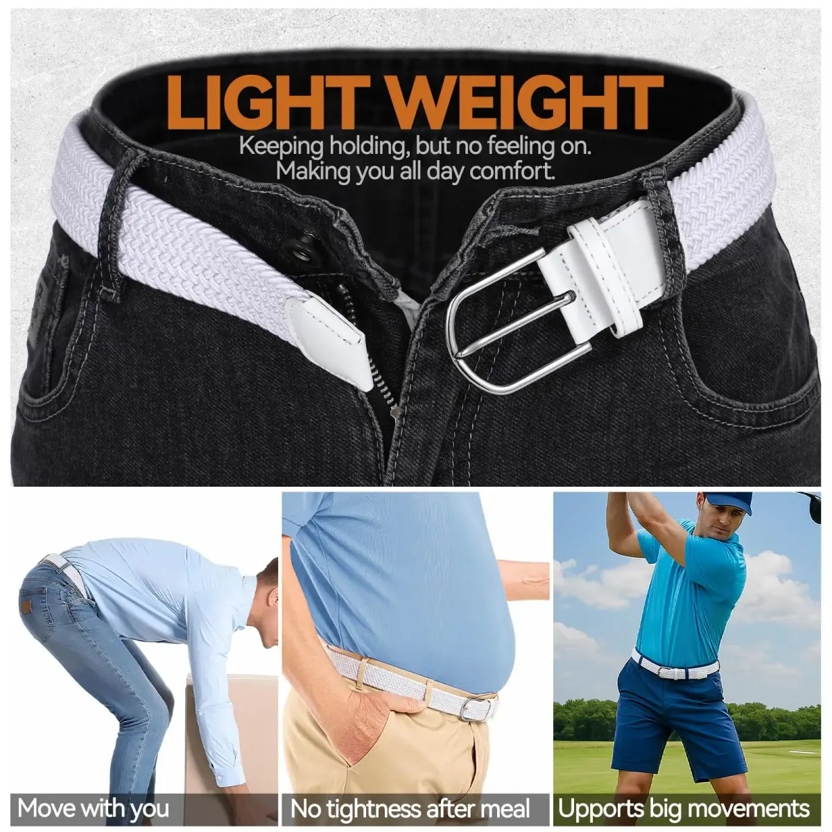 XZQTIVE Braided Stretch Golf Belt for Men, Elastic Woven Casual Belt 3.5cm (1.38in) Wide, White, Fits Waist 38-42in | No-Hole Design - view 5