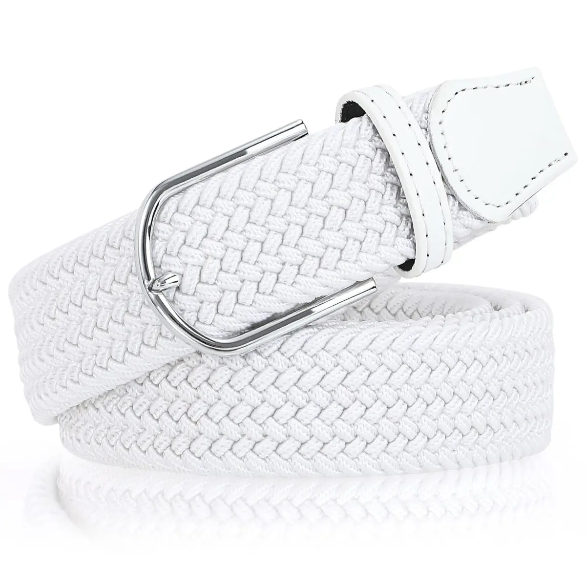 XZQTIVE Braided Stretch Golf Belt for Men, Elastic Woven Casual Belt 3.5cm (1.38in) Wide, White, Fits Waist 38-42in | No-Hole Design - view 2