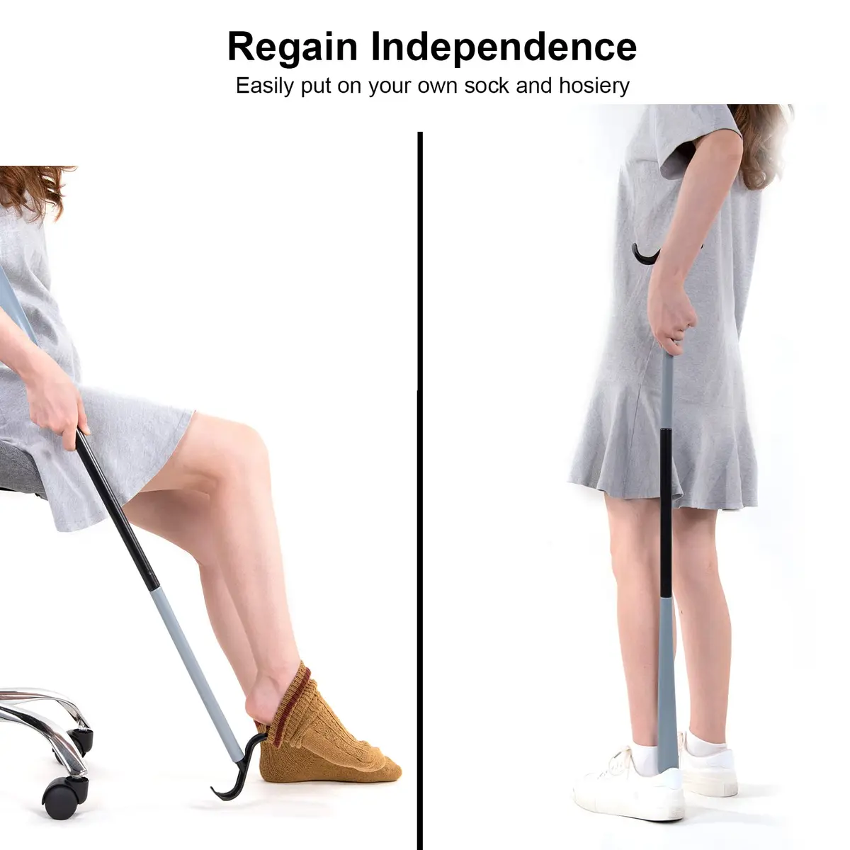 JJDPARTS 35" Long Dressing Stick with Shoe Horn & Sock Removal Tool | Adjustable Extended Dressing Aid for Shoes, Socks, Shirts, Pants (Grey/Black) - view 6