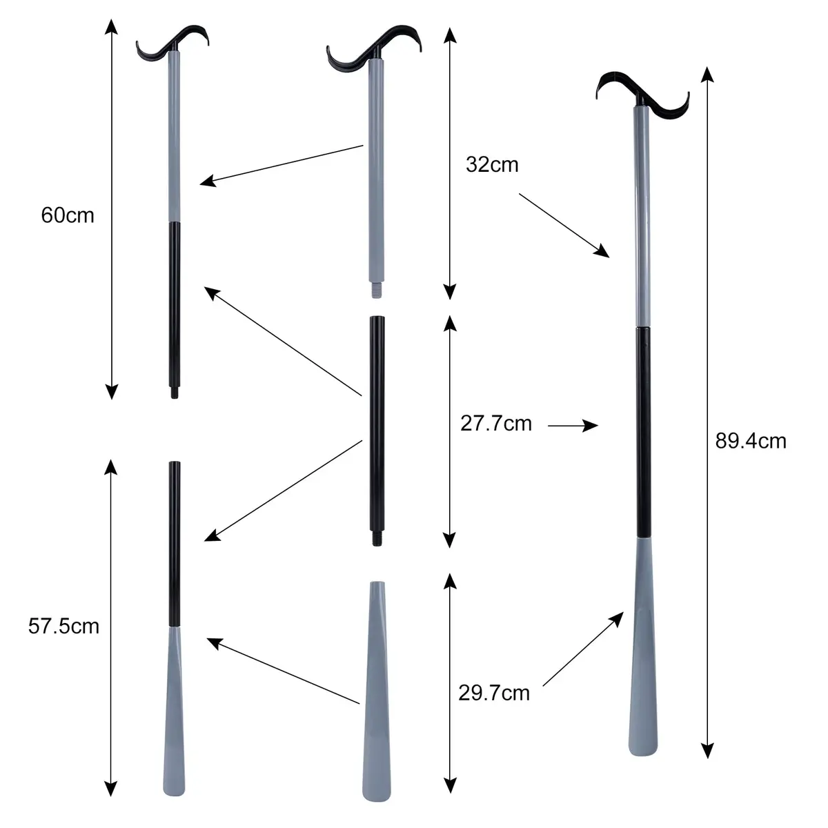 JJDPARTS 35" Long Dressing Stick with Shoe Horn & Sock Removal Tool | Adjustable Extended Dressing Aid for Shoes, Socks, Shirts, Pants (Grey/Black) - view 2