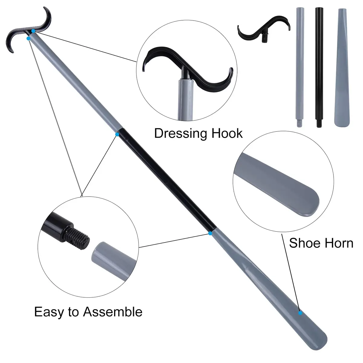 JJDPARTS 35" Long Dressing Stick with Shoe Horn & Sock Removal Tool | Adjustable Extended Dressing Aid for Shoes, Socks, Shirts, Pants (Grey/Black) - view 3