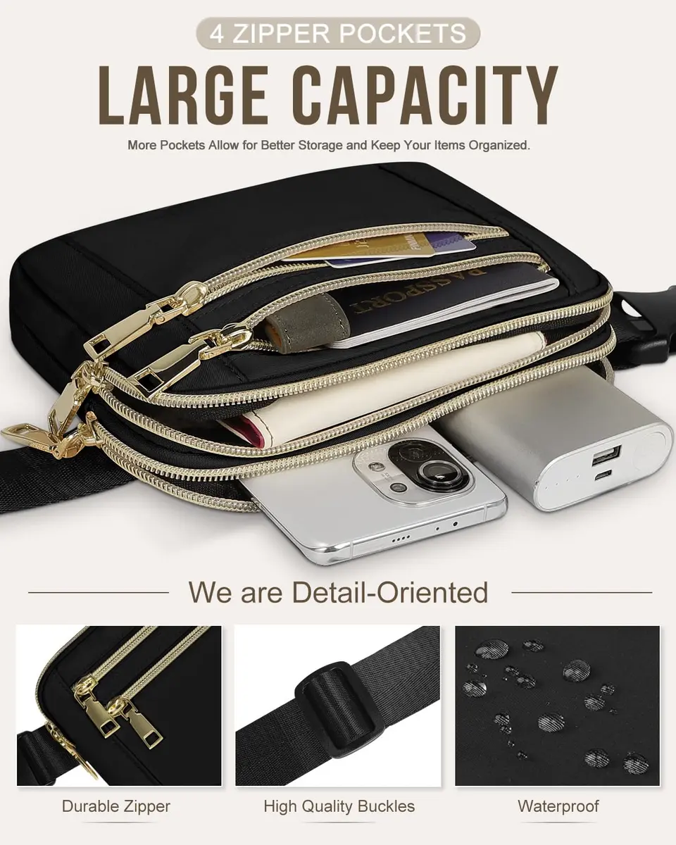 Capolo Waist Pack for Women 4-Zip Crossbody Belt Bag | Water-Resistant, Adjustable, Travel Essential - view 3