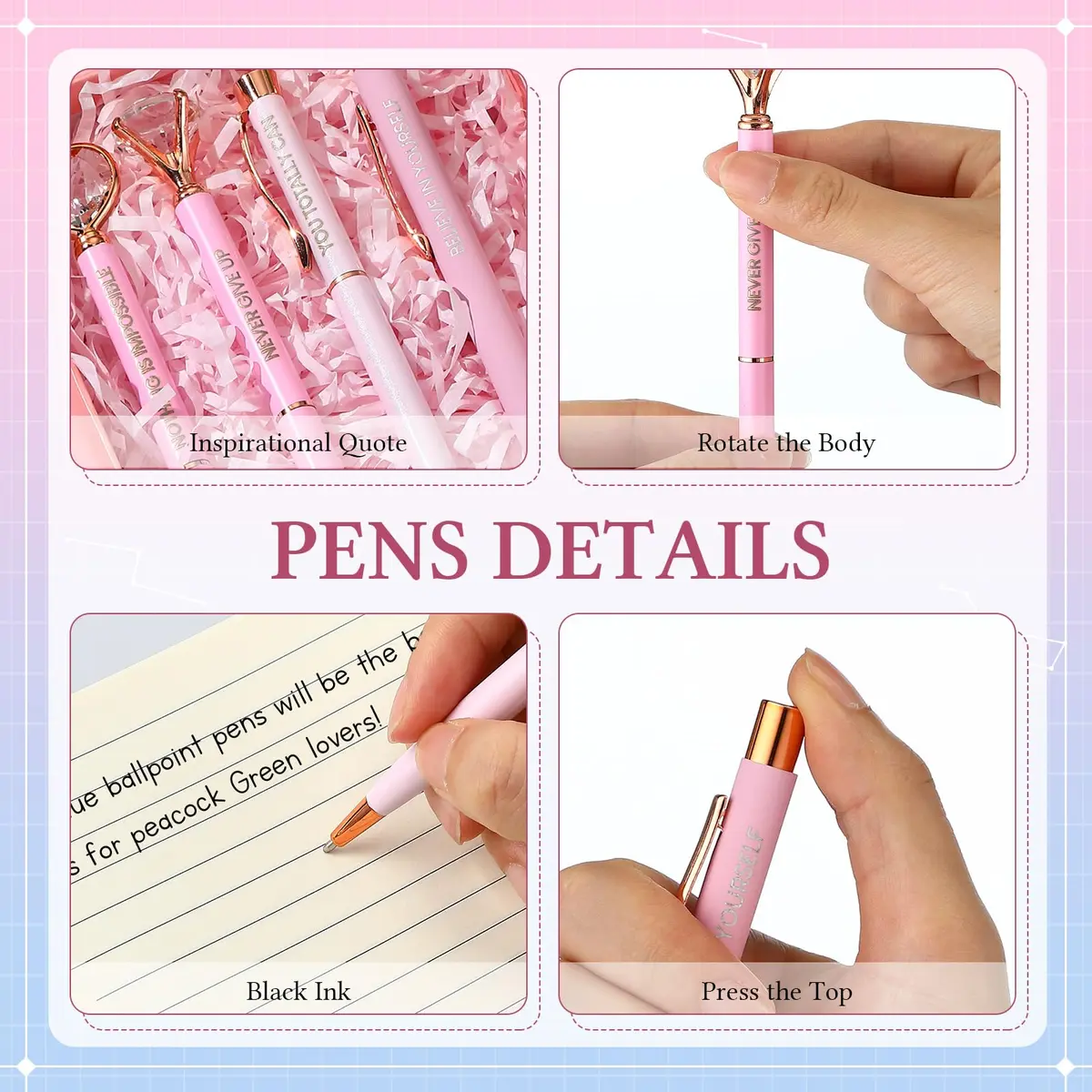 Yeaqee Pink 6 Pcs Inspirational Pens Diamond Crystal Ballpoint Pen | Elegant, Lightweight & Vibrant - view 5