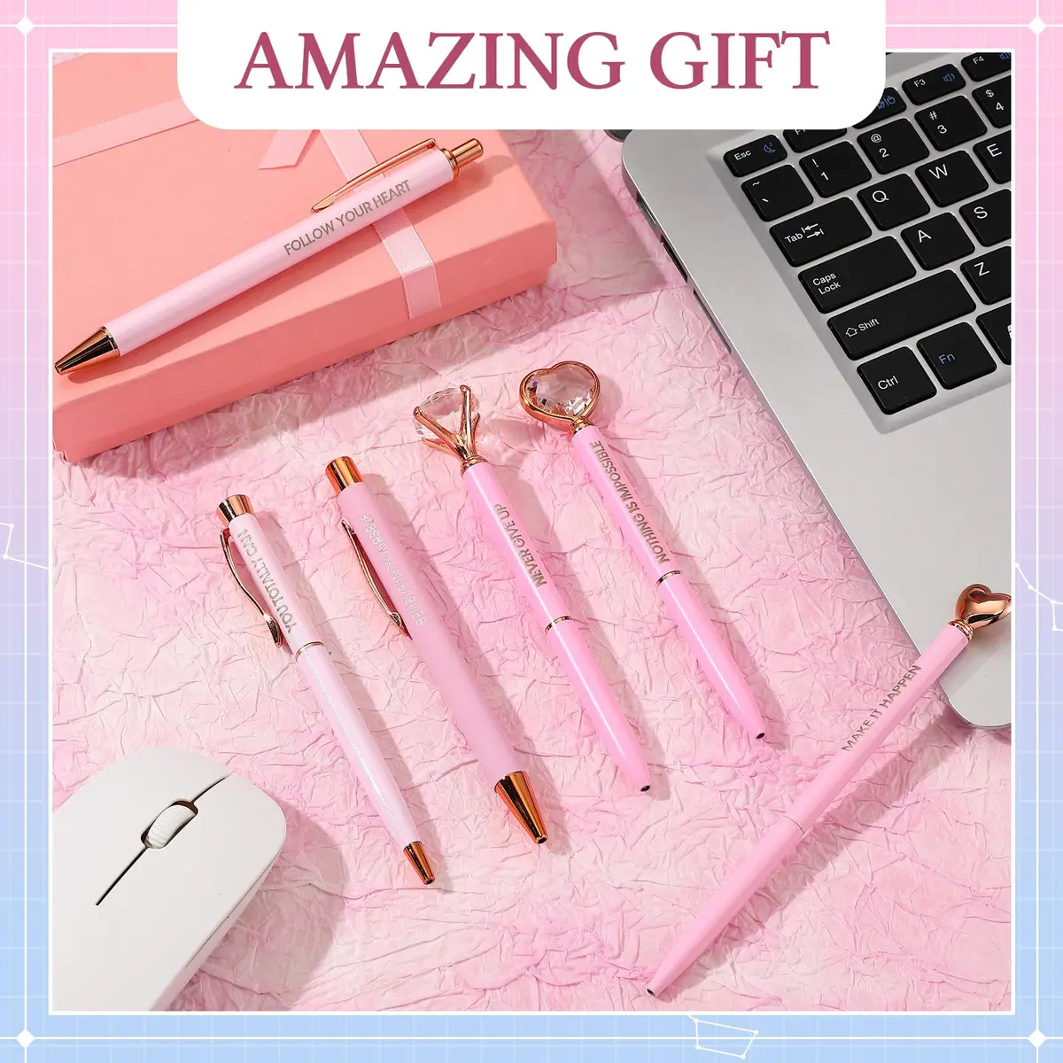 Yeaqee Pink 6 Pcs Inspirational Pens Diamond Crystal Ballpoint Pen | Elegant, Lightweight & Vibrant - view 3