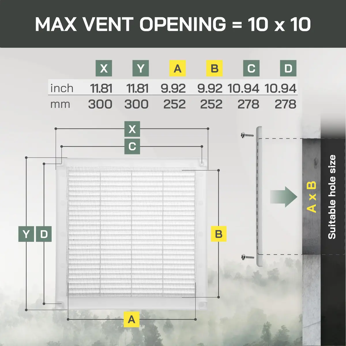 Vent Systems 10x10 Inch White Plastic Soffit Vent Cover with Insect Screen | HVAC 12x12 Inch Overall Dimensions - view 2