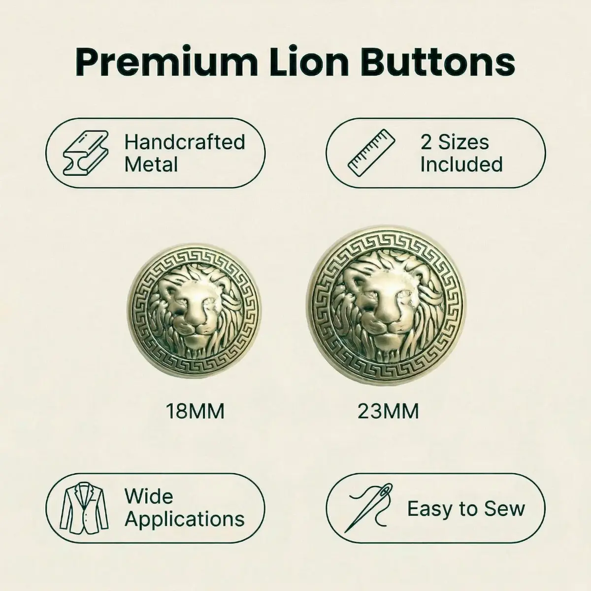 MebuZip 14PCS Lion Gold Metal Blazer Button Set 18MM 23MM | Stylish, Durable & Easy to Sew - view 2