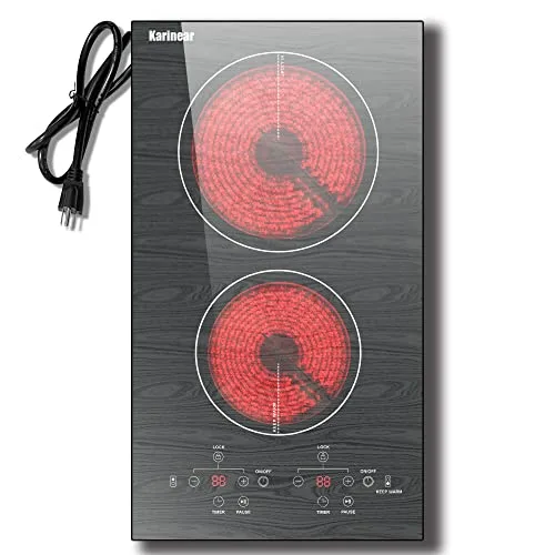 Karinear Portable Electric Cooktop 2 Burners, 12'' Ceramic Cooktop with Wooden Pattern, 110-120V Plug-in, Countertop or Built-in - main product image