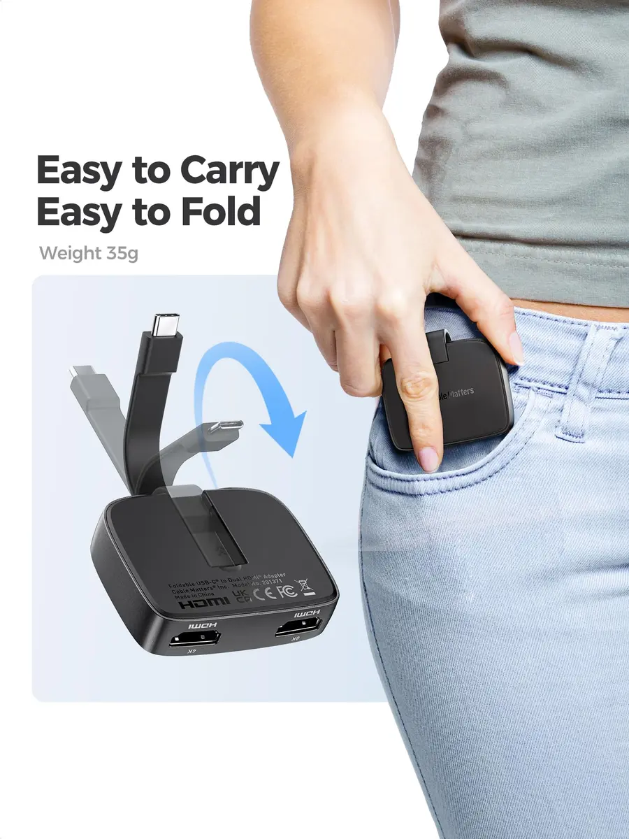 Cable Matters Portable USB C to Dual HDMI Adapter | 8K Support, Thunderbolt 4 Compatible, Compact Foldable Design - view 2