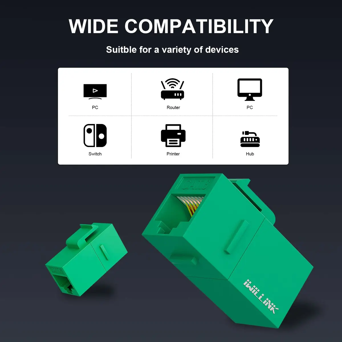 iwillink RJ45 Cat6 Keystone Coupler, 10-Pack, Green | Reliable Ethernet Connection for Home & Office - view 2