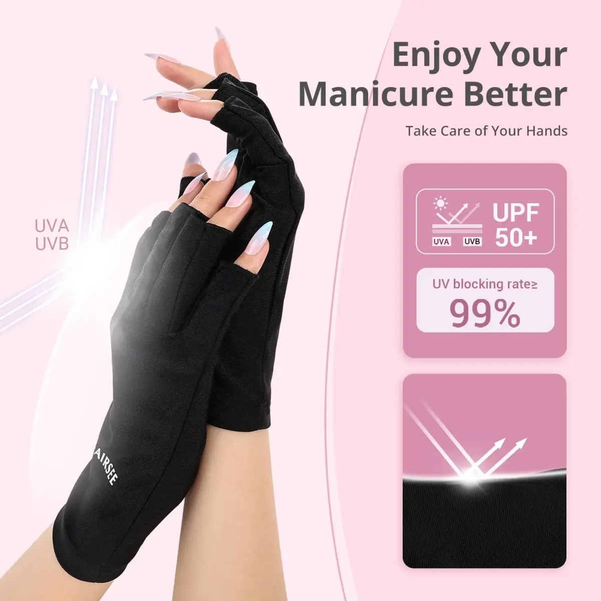 AIRSEE UPF50+ UV Protection Gloves for Nail Lamp, Fingerless, Black | Blocks 99% UV Rays - view 2