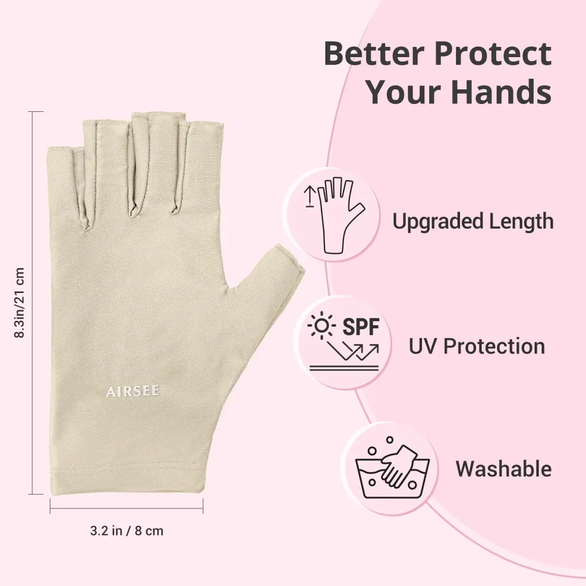 AIRSEE UPF50+ UV Protection Gloves for Nail Lamp | Fingerless, Nude, Standard Size - view 5