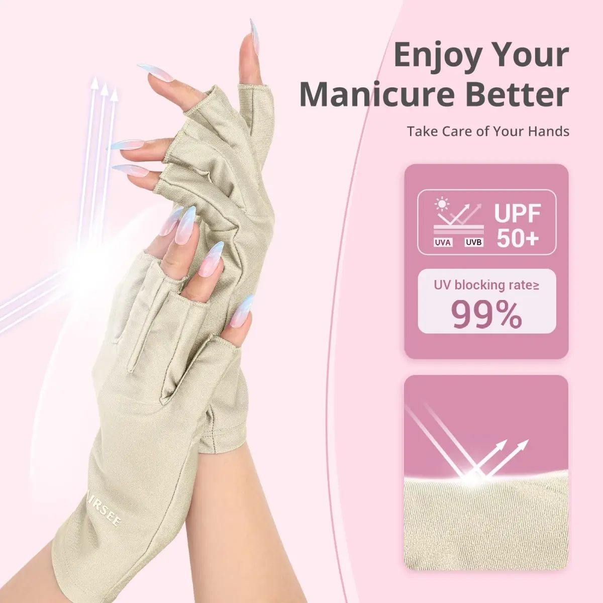AIRSEE UPF50+ UV Protection Gloves for Nail Lamp | Fingerless, Nude, Standard Size - view 2