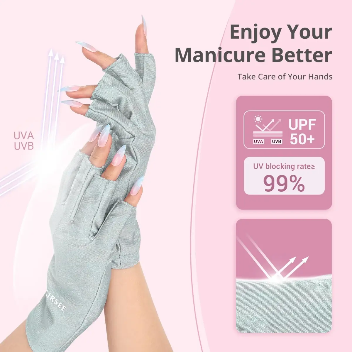 AIRSEE UPF50+ UV Protection Gloves for Nail Lamp, Fingerless, Mint Green | Blocks 99% UV Rays - view 2
