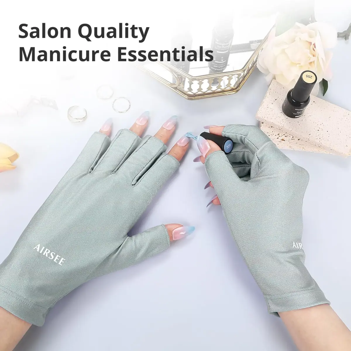AIRSEE UPF50+ UV Protection Gloves for Nail Lamp, Fingerless, Mint Green | Blocks 99% UV Rays - view 4