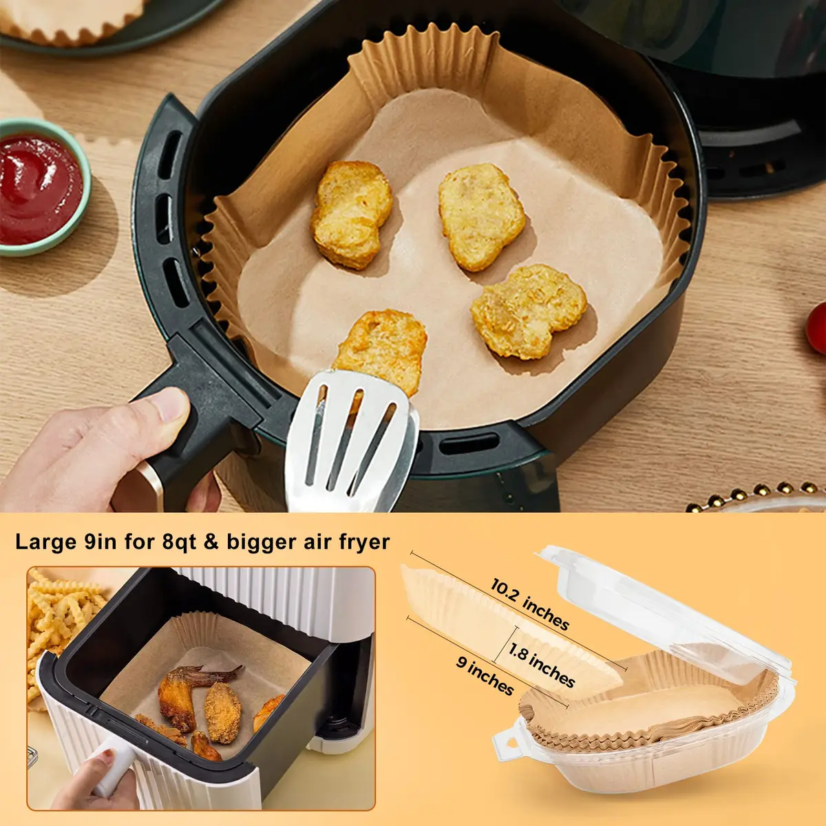 ctizne Disposable Air Fryer Paper Liners 100Pcs 9 Inch Square | Food Grade Parchment for 8-12 Qt Air Fryers - view 3