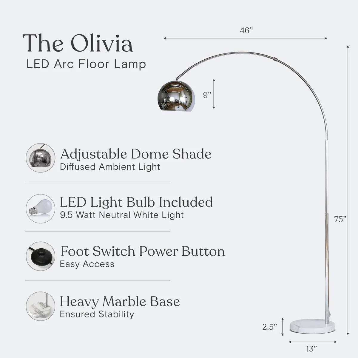 Brightech Olivia Floor Lamp - Chic Arc Lamp with Marble Base & LED Bulb for Living Room, Bedroom, Office - Chrome - view 3