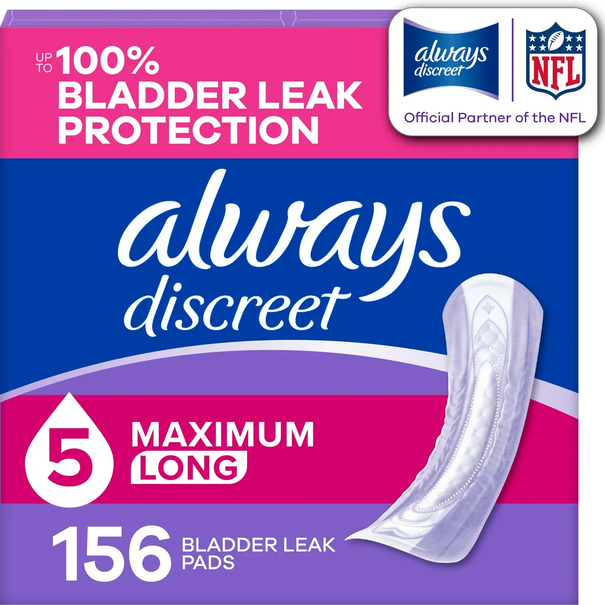 Always Discreet Adult Incontinence Pads for Women, Drier, 5 Drop Long Length, Heavy Absorbency, Pads for Bladder Control Management, Bladder Leaks, & Postpartum Pads, 156ct - main product image
