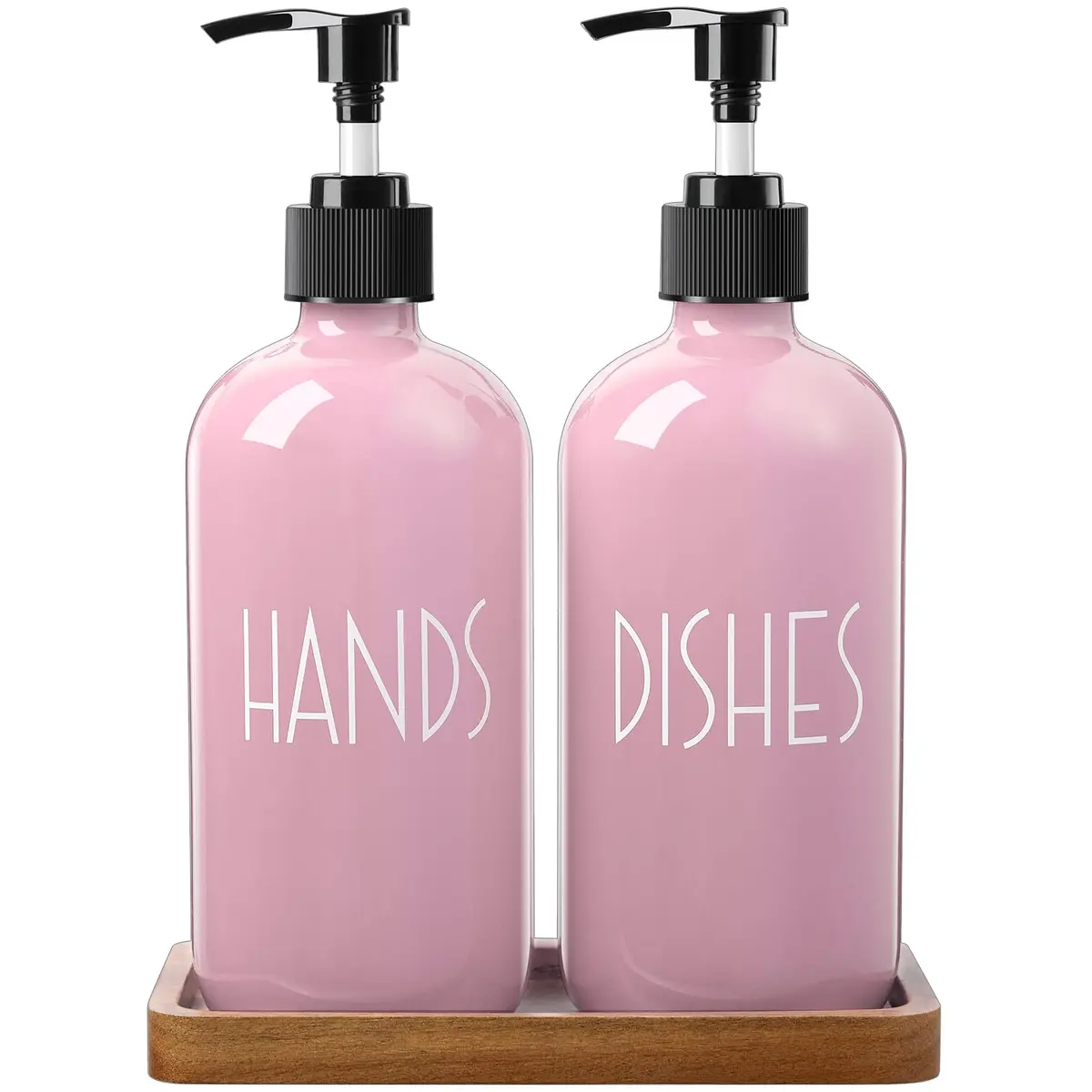 ALELION Dish Soap Dispenser for Kitchen - 16 OZ Glass Hand Soap Dispenser Set with Acacia Wood Tray - Pink Kitchen Bathroom Decor and Accessories | 16 OZ Refillable - main product image