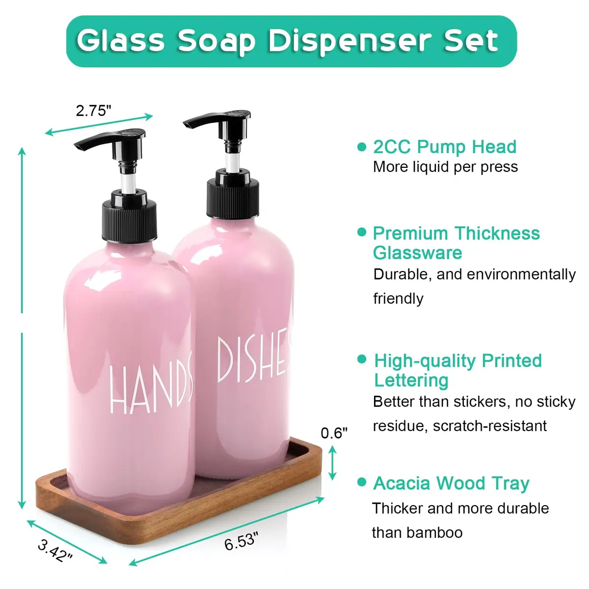 ALELION Dish Soap Dispenser for Kitchen - 16 OZ Glass Hand Soap Dispenser Set with Acacia Wood Tray - Pink Kitchen Bathroom Decor and Accessories | 16 OZ Refillable - view 5