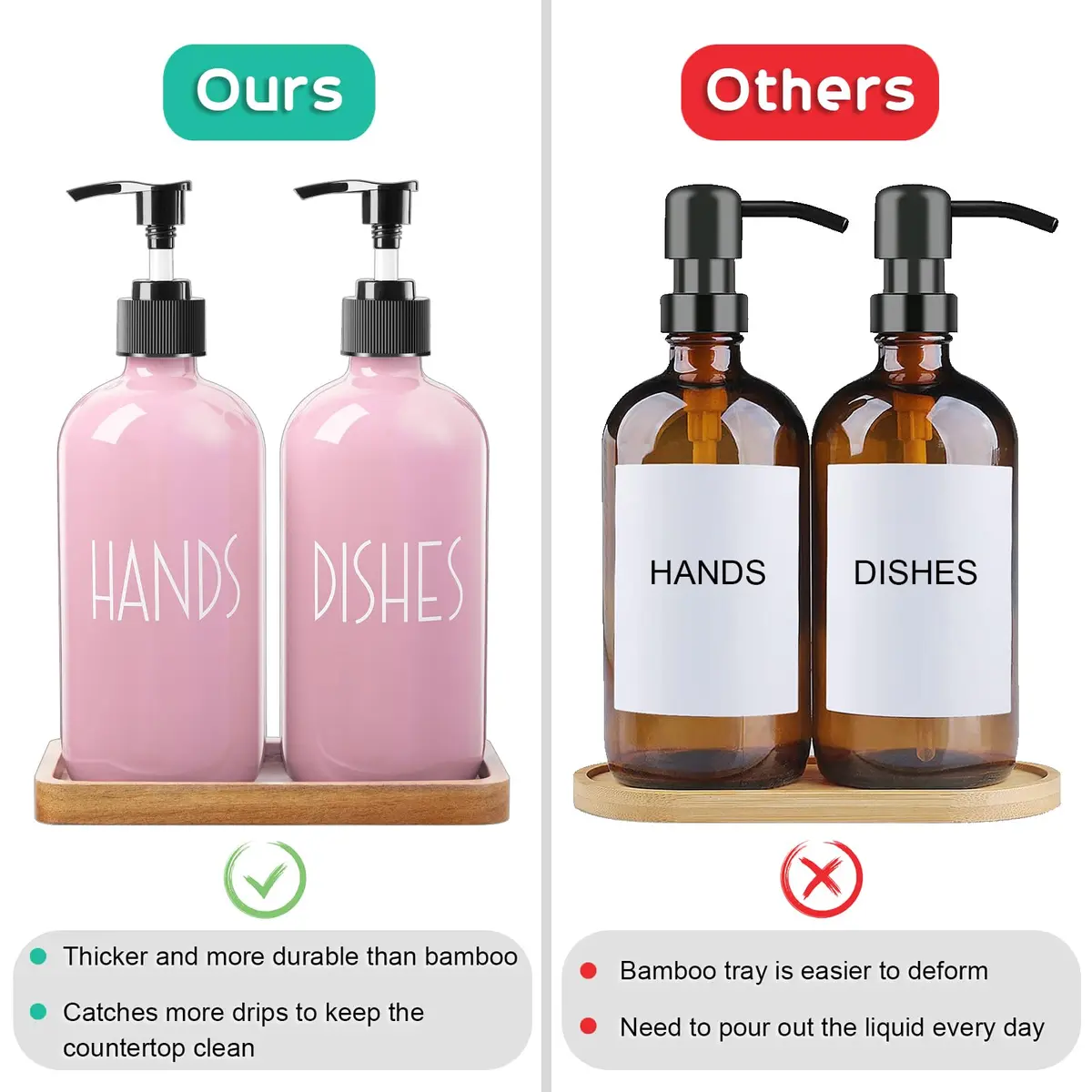 ALELION Dish Soap Dispenser for Kitchen - 16 OZ Glass Hand Soap Dispenser Set with Acacia Wood Tray - Pink Kitchen Bathroom Decor and Accessories | 16 OZ Refillable - view 6