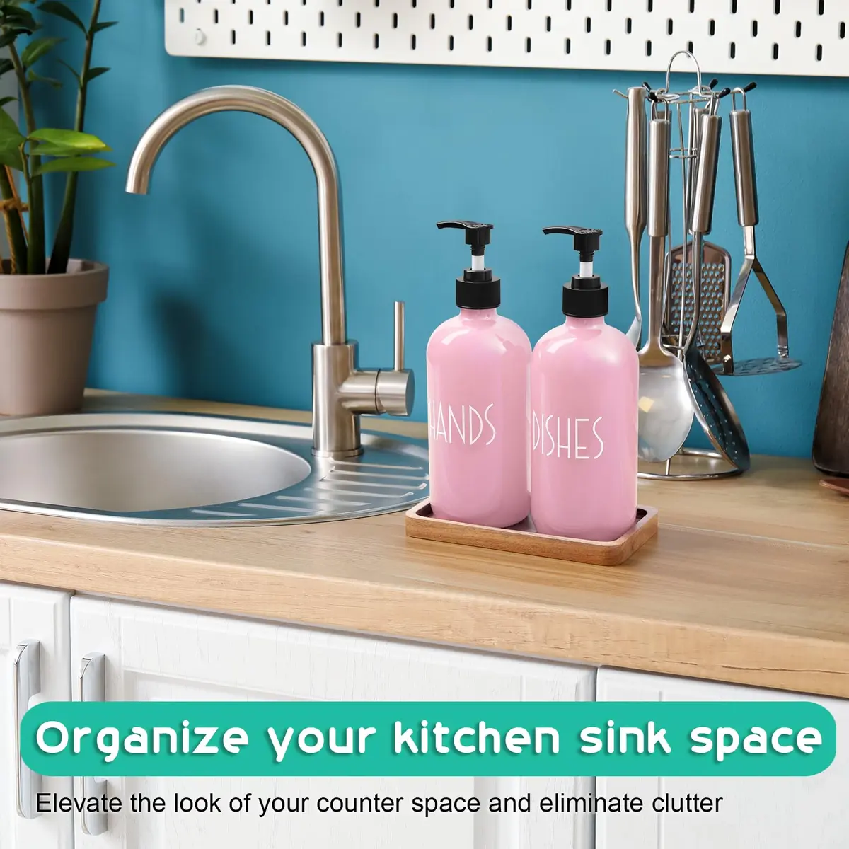 ALELION Dish Soap Dispenser for Kitchen - 16 OZ Glass Hand Soap Dispenser Set with Acacia Wood Tray - Pink Kitchen Bathroom Decor and Accessories | 16 OZ Refillable - view 2