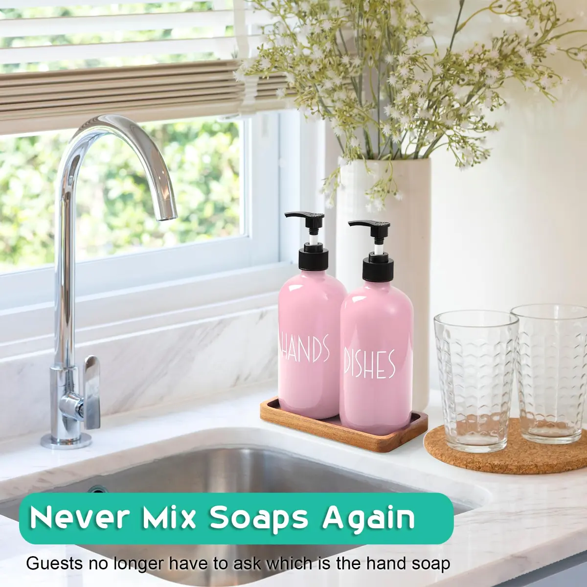 ALELION Dish Soap Dispenser for Kitchen - 16 OZ Glass Hand Soap Dispenser Set with Acacia Wood Tray - Pink Kitchen Bathroom Decor and Accessories | 16 OZ Refillable - view 3