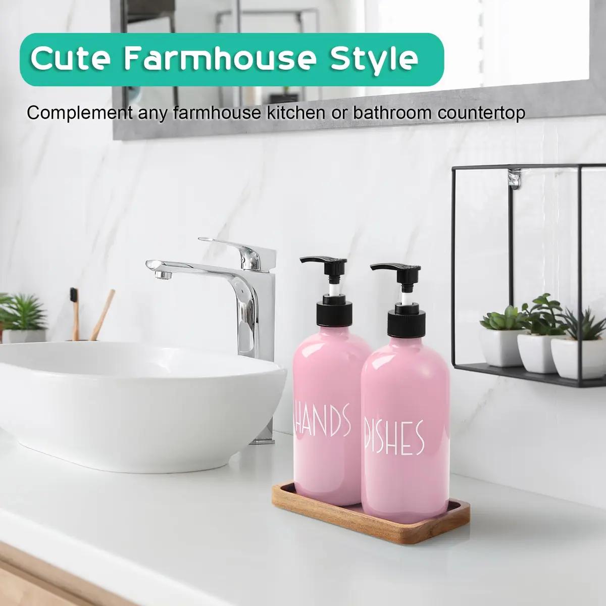 ALELION Dish Soap Dispenser for Kitchen - 16 OZ Glass Hand Soap Dispenser Set with Acacia Wood Tray - Pink Kitchen Bathroom Decor and Accessories | 16 OZ Refillable - view 4